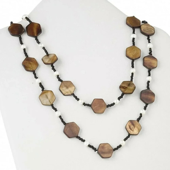 Handcrafted Bronze MOP Hexagon and White Cultured Pearl Beads Necklace - Picture 1 of 3